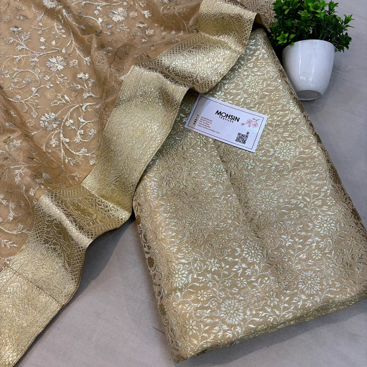 Beige Golden Zari Kimkhab Silk Banarasi Gharara