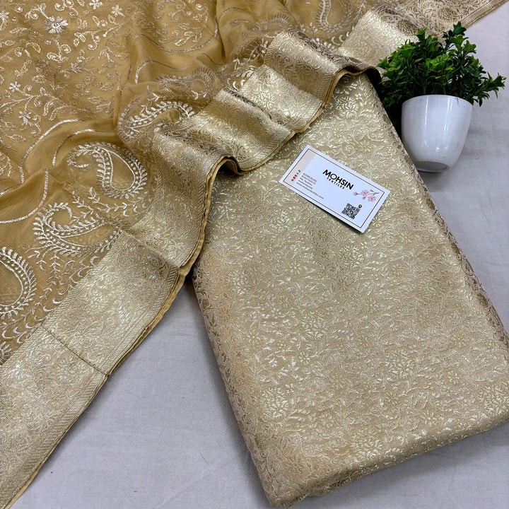 Beige Golden Zari Kimkhab Silk Banarasi Gharara