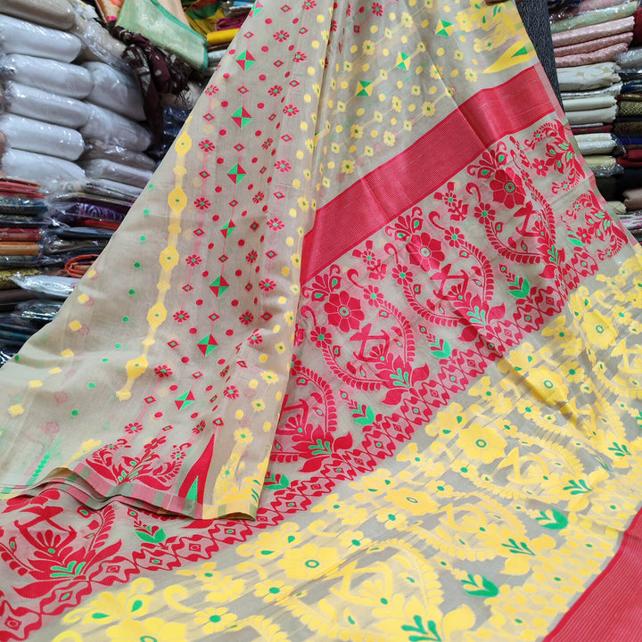 Beige Resham Meena Work Cotton Silk Banarasi Saree