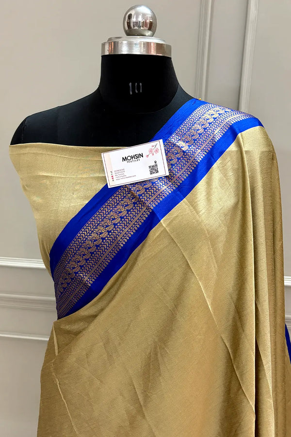 Beige and Royal Blue Plain Satin Silk Banarasi Saree