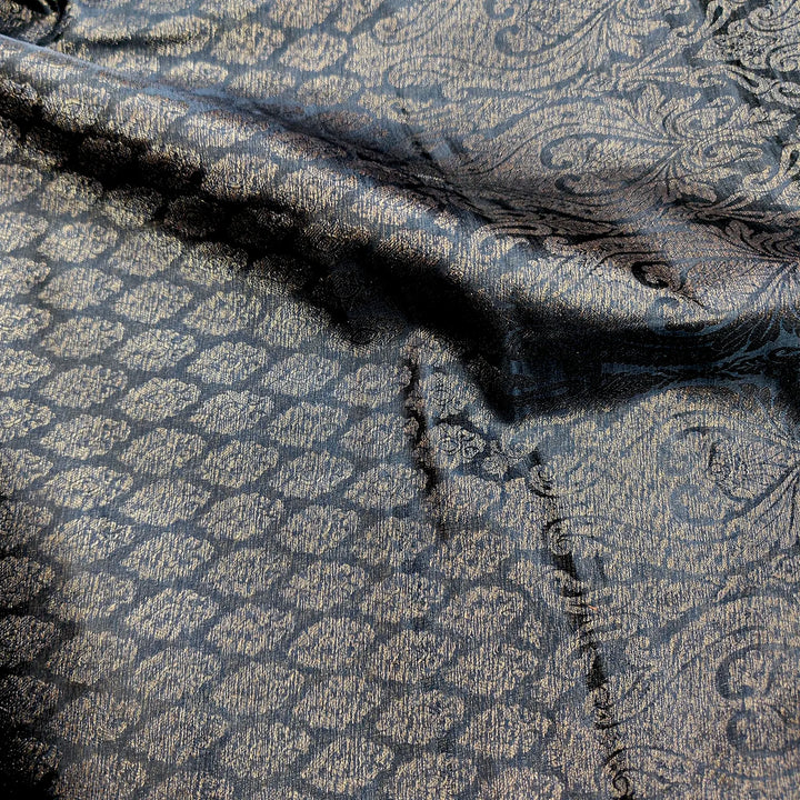 Black Brocade Satin Silk Banarasi Fabric