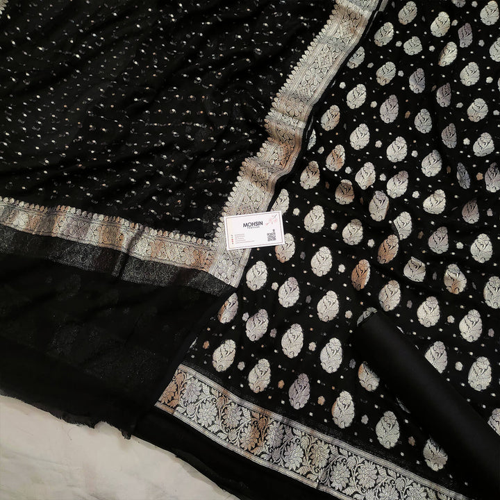 Black Silver Zari Handloom Georgette Banarasi Suit