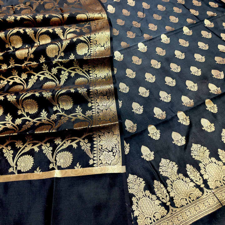 Black Golden Zari Satin Silk Banarasi Suit