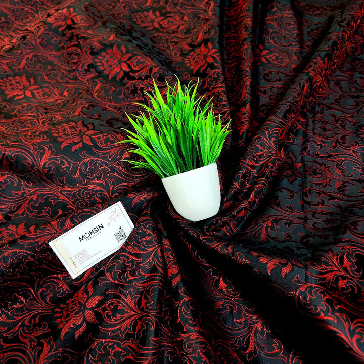 Black Red Brocade Katan Silk Banarasi Fabric