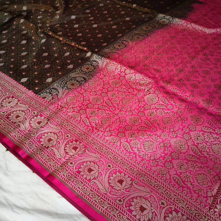 Black and Pink Jamewar Katan Silk Banarasi Saree