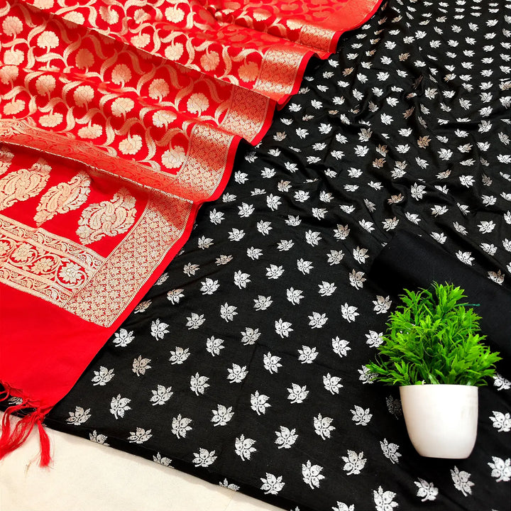 Black and Red Golden Zari Katan Silk Banarasi Suit