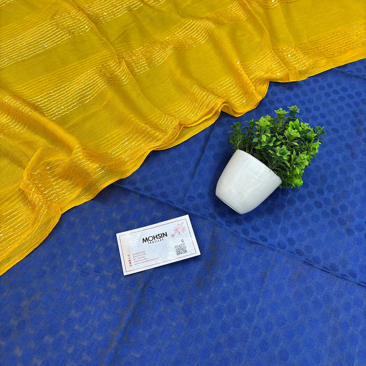 Blue and Yellow Resham Zari Banarasi Silk Suit