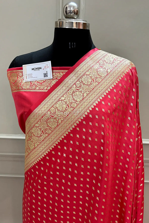 Strawberry Pink Golden Zari Katan Silk Banarasi Saree