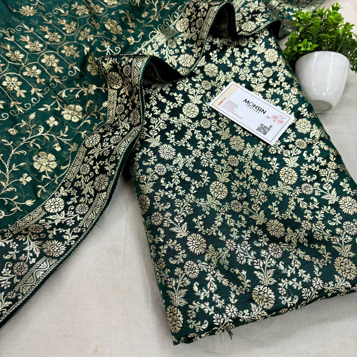 Bottle Green Golden Zari Kimkhab Silk Banarasi Gharara