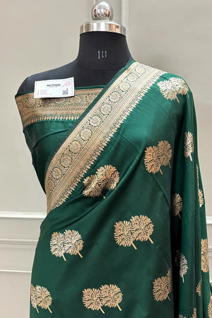 Bottle Green Golden Zari Silky Banarasi Saree