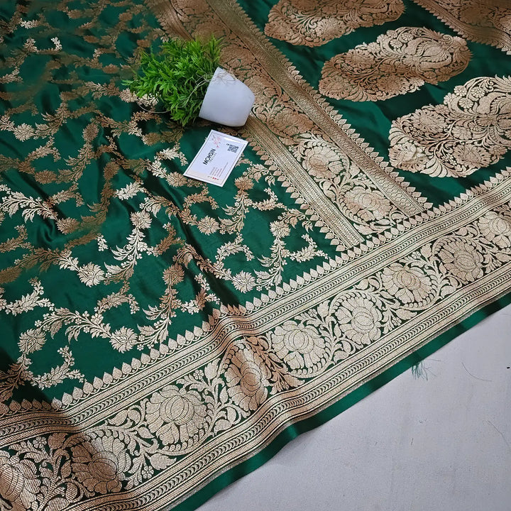 Bottle Green Moglai Jaal Katan Silk Banarasi Saree