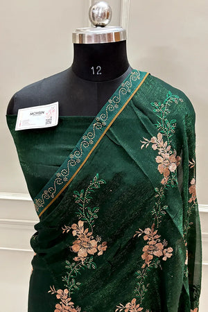 Bottle Green Embordiery Siroski Work Georgette Silk Saree