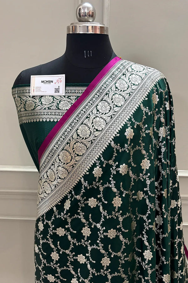 Bottle Green Vardhman Jaal Katan Silk Banarasi Saree