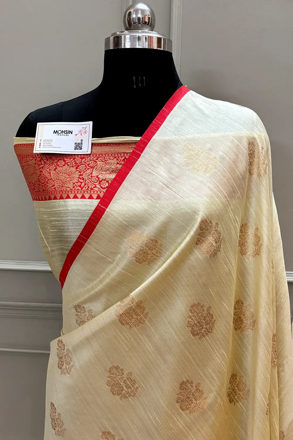 Cream and Red Golden Zari Linen Silk Banarasi Saree