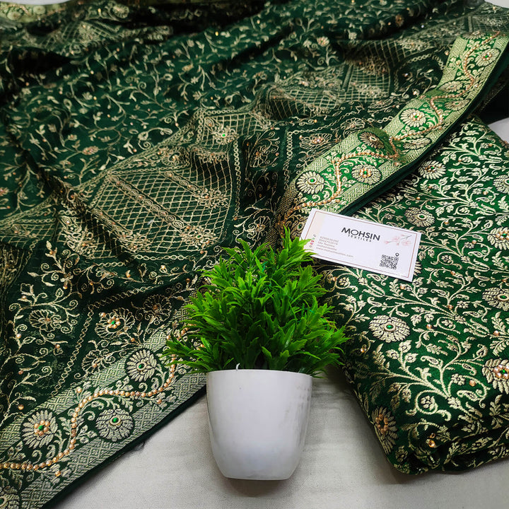 Dark Green Stone Work Kimkhab Silk Banarasi Gharara