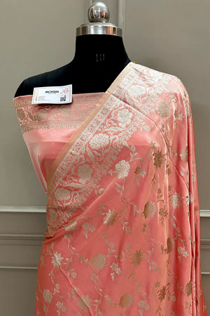 Dark Peach Kesari Jaal Katan Silk Banarasi Saree