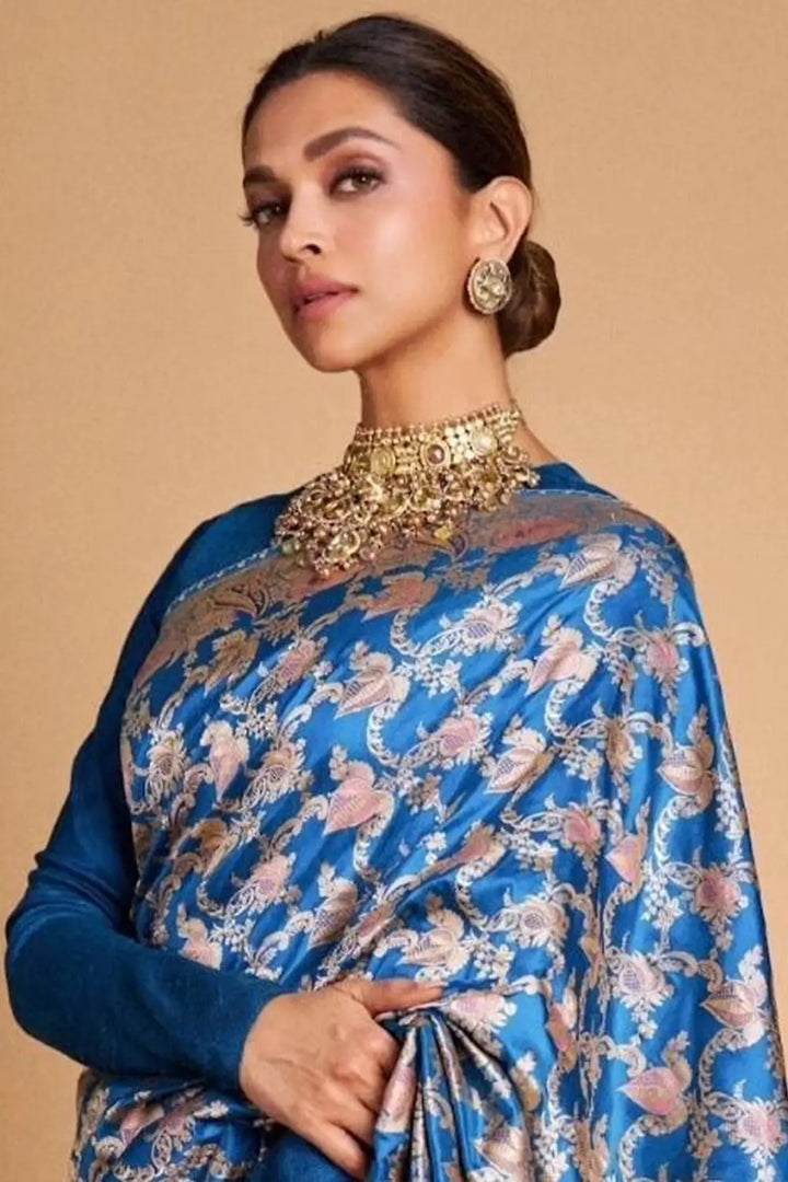 Deepika Padukone Royal Blue Handloom Pure Katan Banarasi Saree