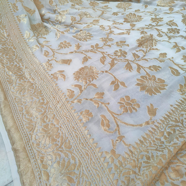 Dyeable White Pure Silk Handloom Khaddi Georgett Banarasi Saree 