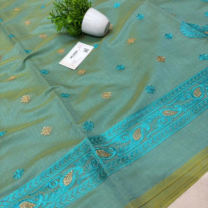 Firozi Embroidery Work Cotton Silk Banarasi Saree