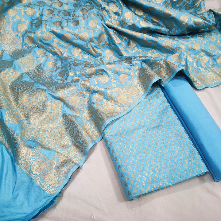 Firozi Golden Zari Katan Silk Banarasi Suit
