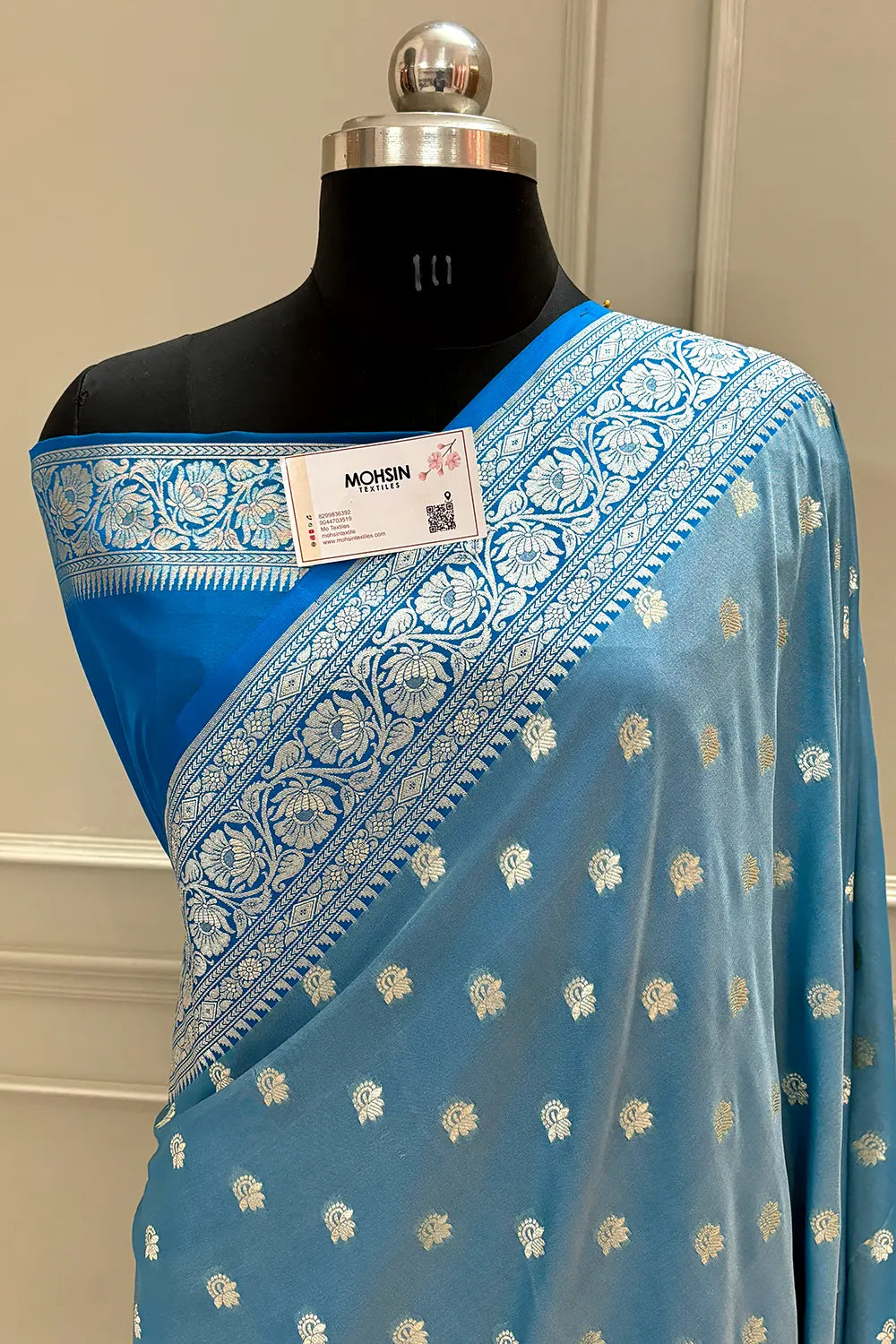 Firozi and Blue Ghonga Buti Katan Silk Banarasi Saree