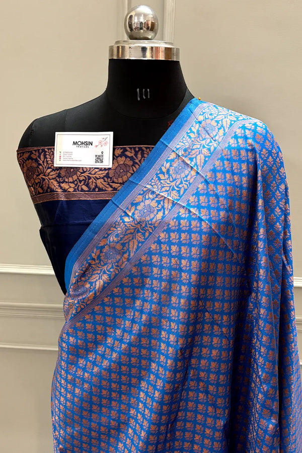 Firozi and Navy Blue Silky Banarasi Saree