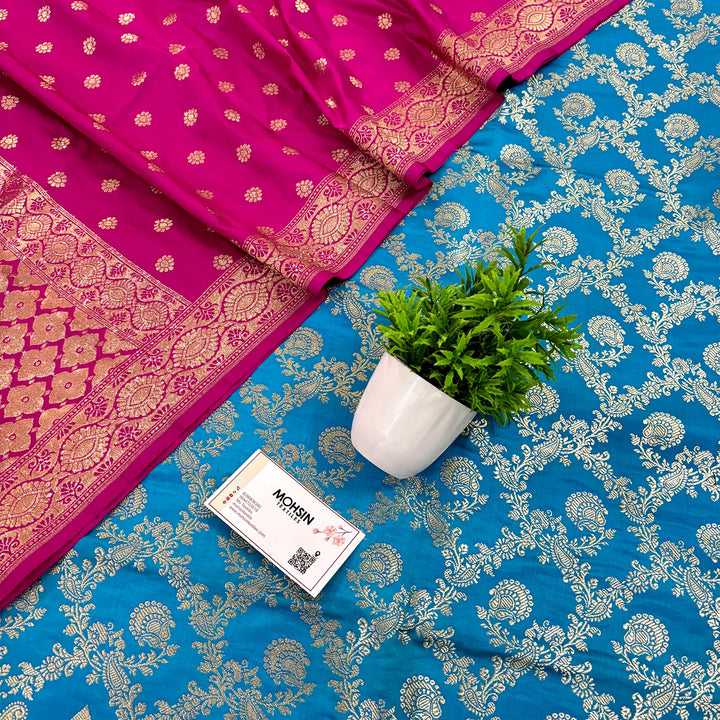 Firozi and Pink Katan Silk Banarasi Suit