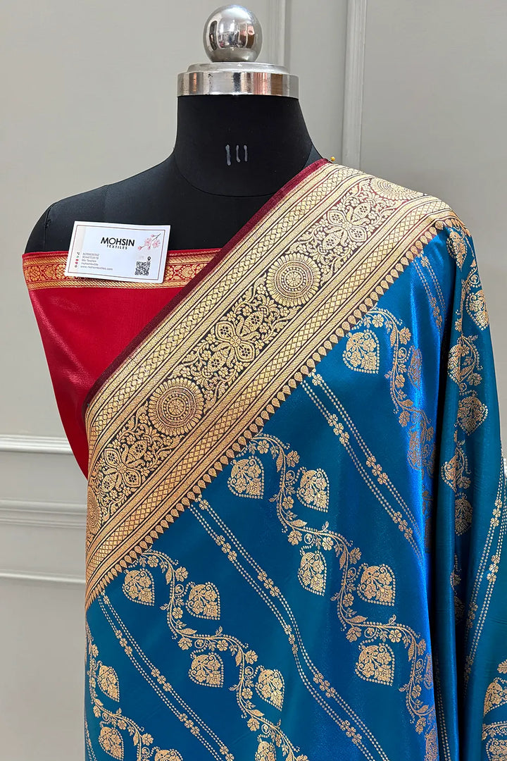 Firozi and Red Latar Patti Katan Silk Banarasi Saree