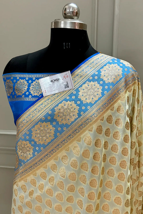 Firozi and White Golden Zari Katan Silk Banarasi Saree