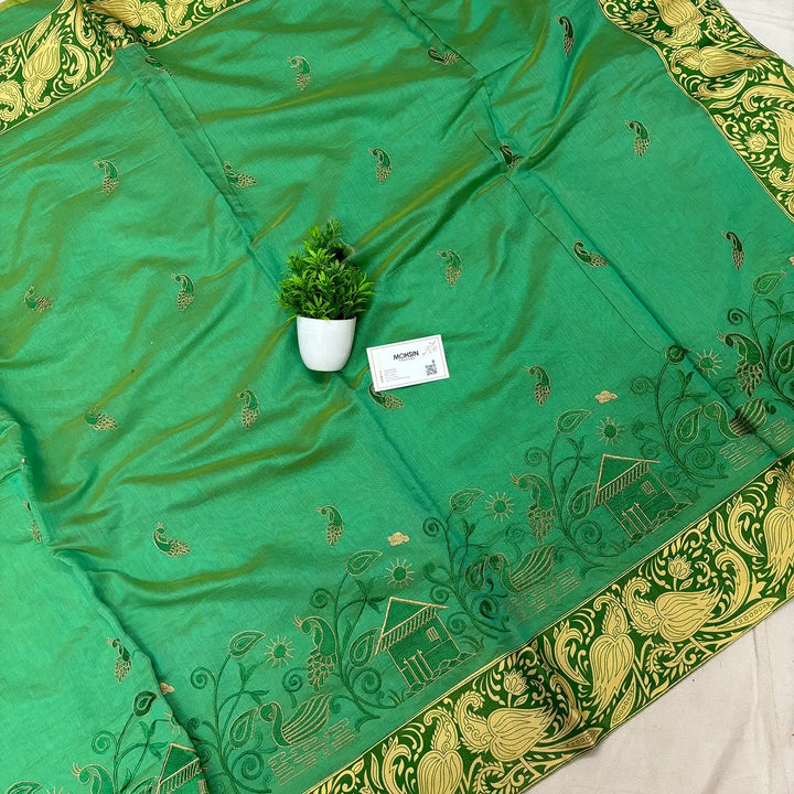 Green Embroidery Work Cotton Silk Banarasi Saree