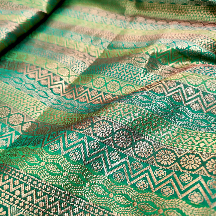 Green Golden Zari Satin Silk Banarasi Fabric