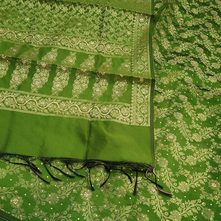 Green Satin Silk Stone Work Banarasi Suit