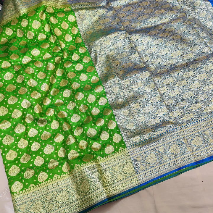 Green and Blue Contrass Katan Silk Banarasi Saree