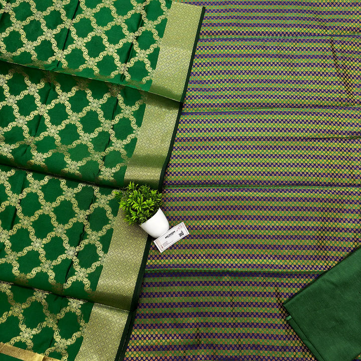 Green and Blue Strip Satin Silk Banarasi Suit