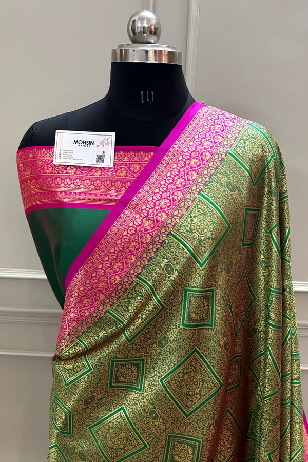 Green and Pink Resham Zari Silky Banarasi Saree