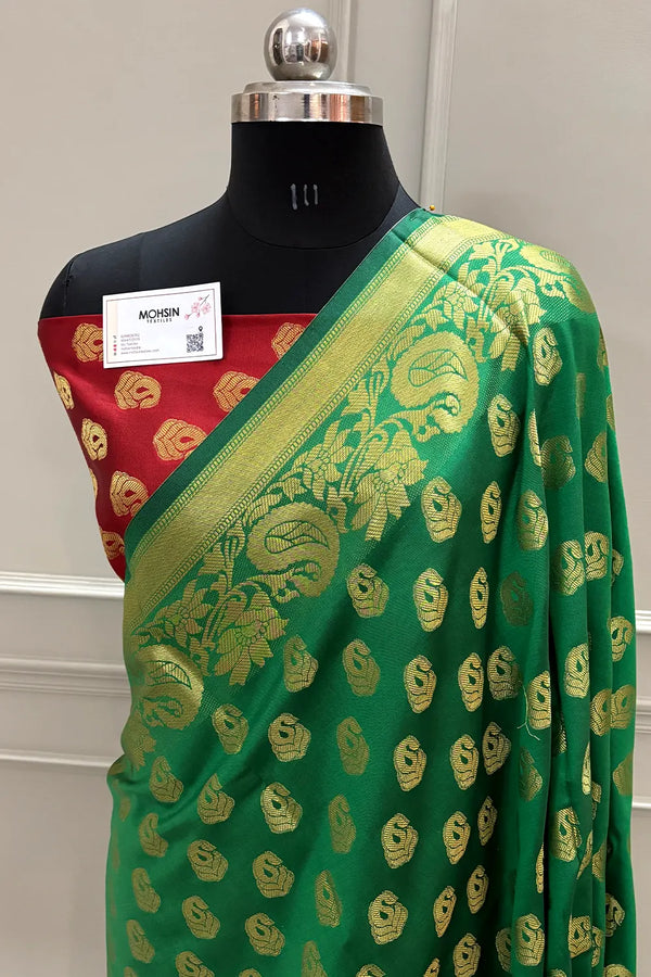 Green and Red Golden Zari Satin Silk Banarasi Saree