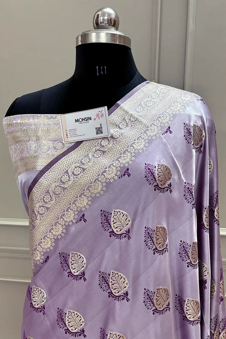 Lavender Golden Zari Satin Silk Banarasi Saree