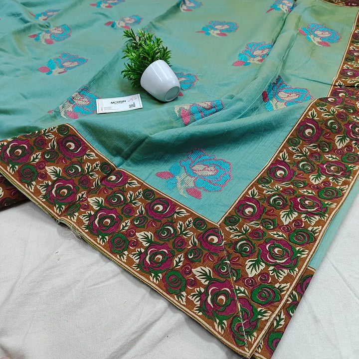 Light Firozi Embroidery Cotton Silk Banarasi Saree