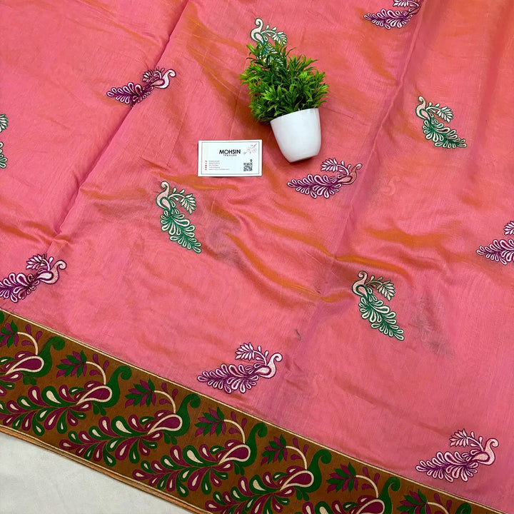 Light Peach Embroidery Work Cotton Silk Banarasi Saree