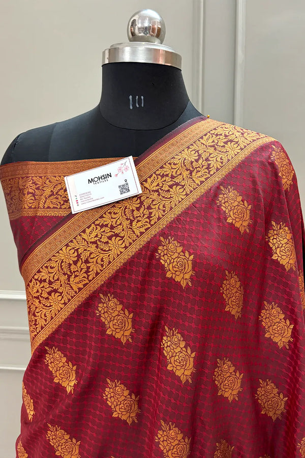 Maroon Antique Zari Satin Silk Banarasi Saree