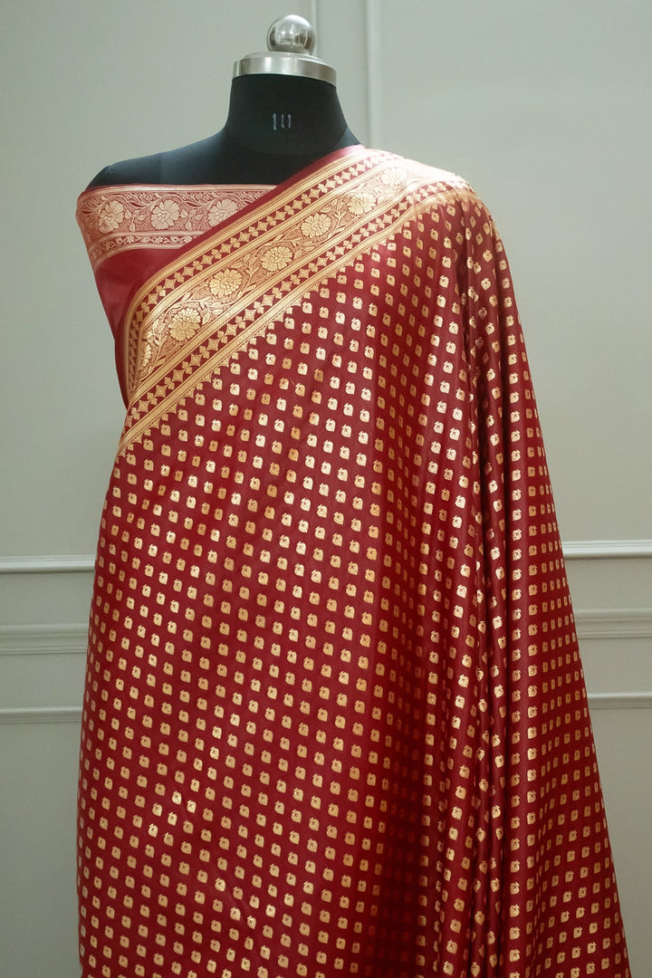 Maroon Golden Paan Katan Silk Banarasi Saree