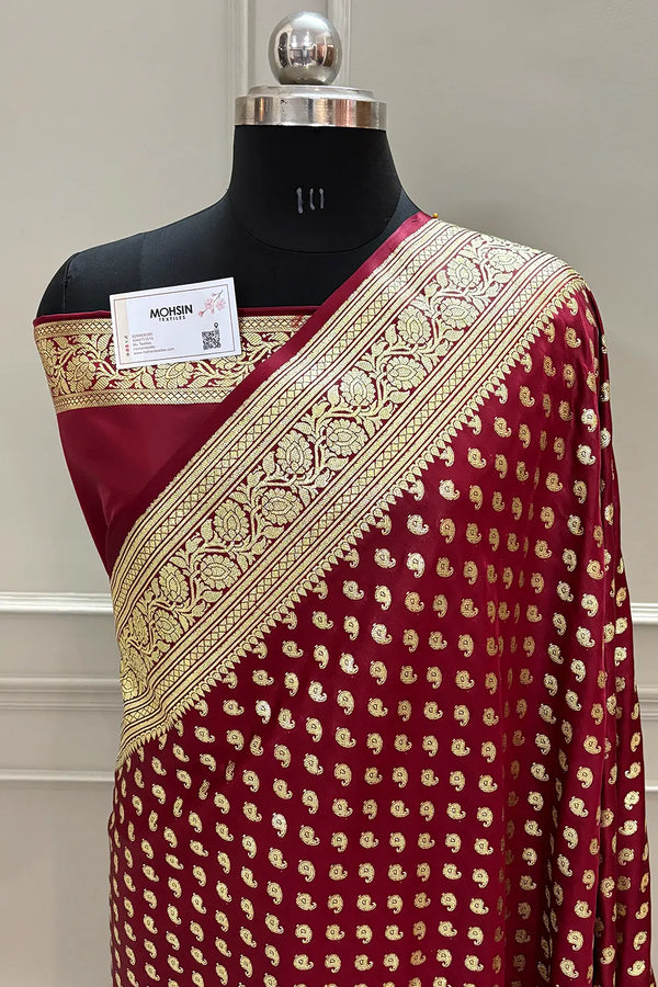 Maroon Golden Zari Katan Silk Banarasi Saree