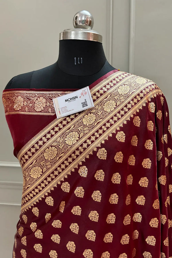 Maroon Golden Zari Katan Silk Banarasi Saree