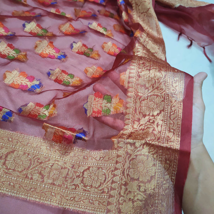 Maroon Golden Zari Meenakari Organza Banarasi Dupatta