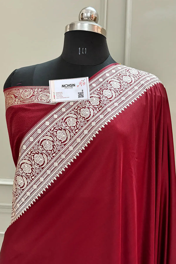 Maroon Golden Zari Plain Katan Silk Banarasi Saree