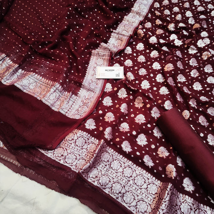 Maroon Handloom Khaddi Georgette Banarasi Suit