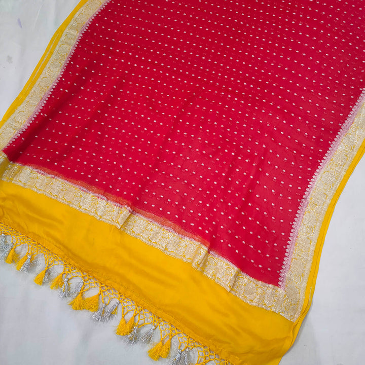 Maroon & Yellow Handloom Khaddi Georgette Banarasi Dupatta