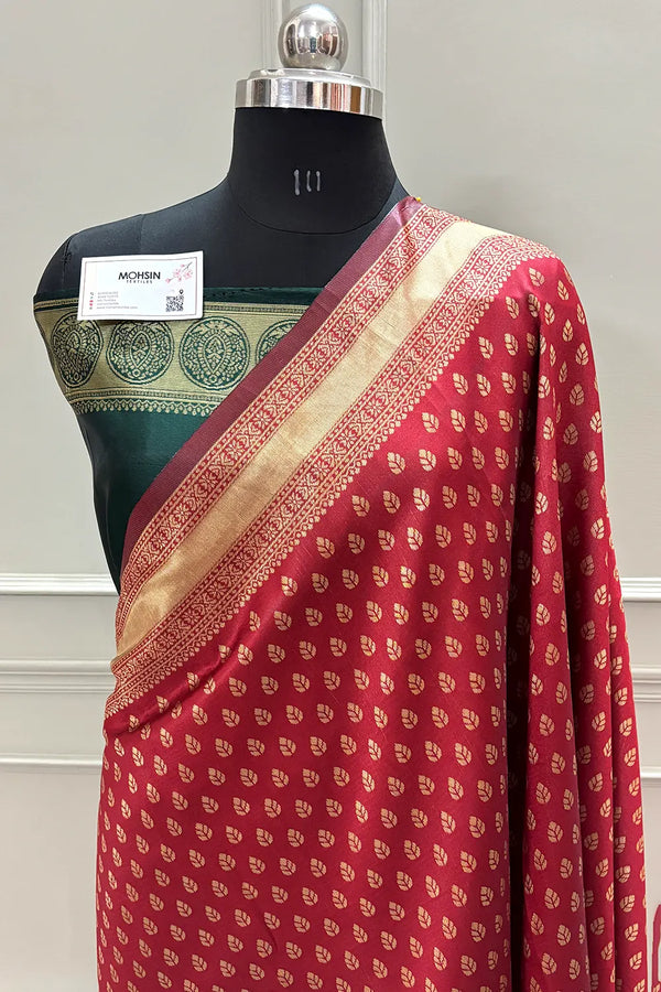 Maroon and Bottle Green Resham Zari Silky Banarasi Saree