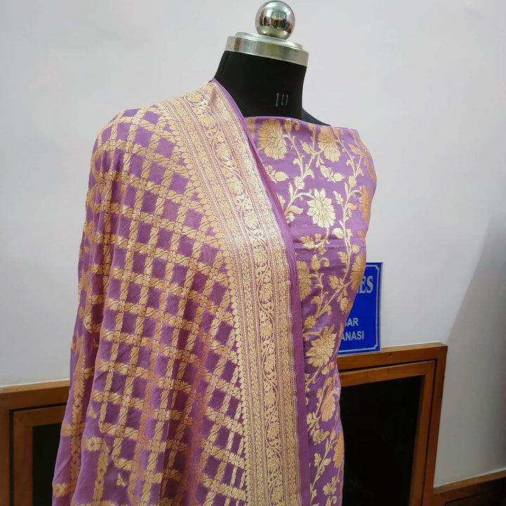 Mauve Pure Khaddi Georgette Silk Banarasi Suit