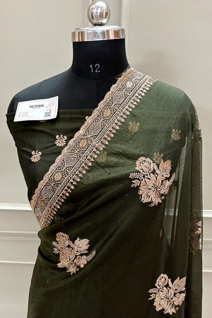 Mehendi Embordiery Siroski Work Silk Saree